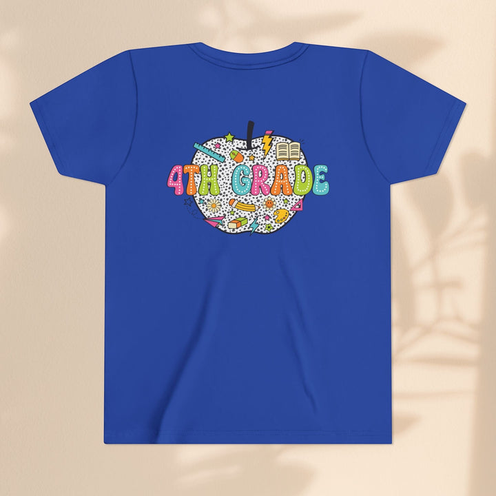Sea Dragon Dreams blue youth t-shirt featuring a 4th grade apple graphic with school supplies on the back.