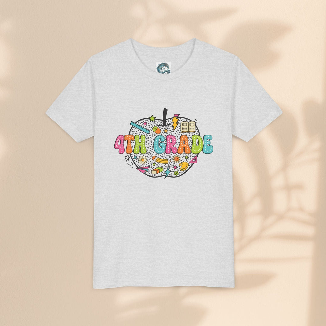 Sea Dragon Dreams 4th grade youth t-shirt in heather grey cotton with a colorful apple graphic and school supplies.