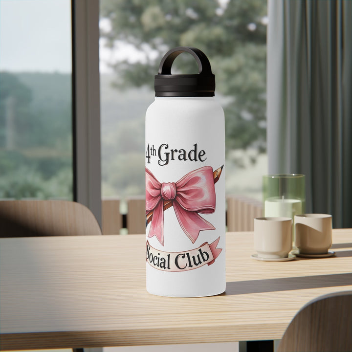 Sea Dragon Dreams 4th Grade Social Club insulated water bottle with a pink bow and pencil design on a white matte finish