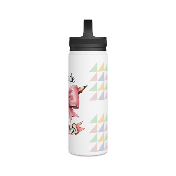 Sea Dragon Dreams 4th Grade Social Club insulated water bottle with a pink bow, pencil, and pastel triangle pattern.