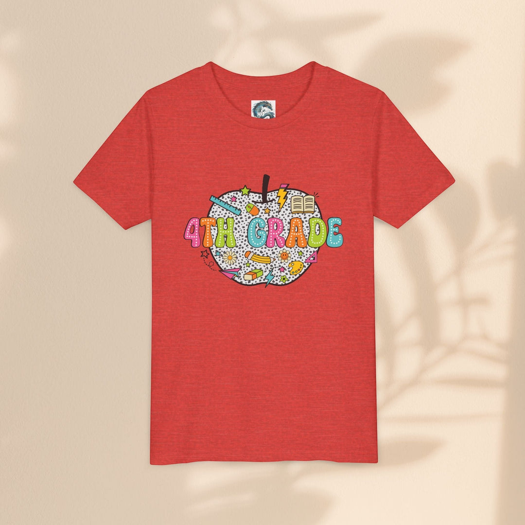 Sea Dragon Dreams 4th Grade youth t-shirt in red cotton with a colorful apple graphic and school supplies pattern.