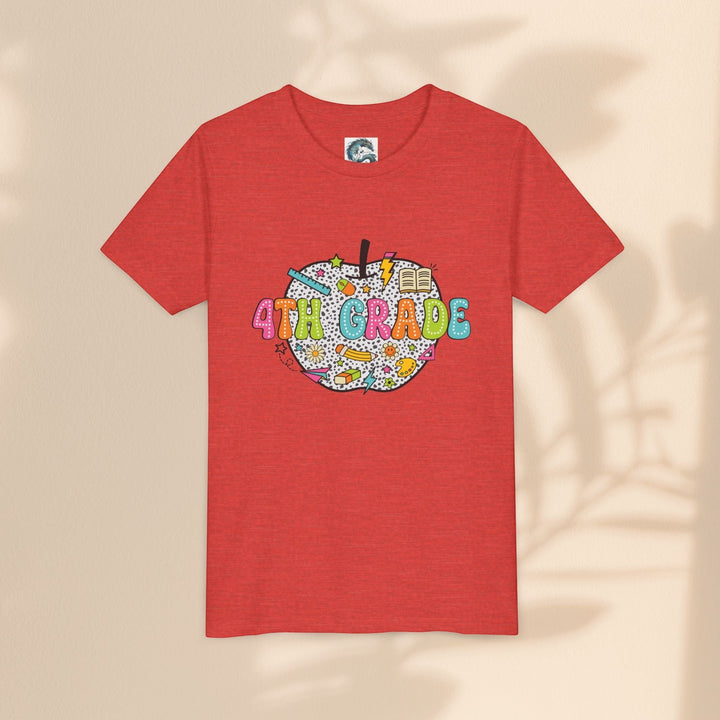 Sea Dragon Dreams 4th Grade youth t-shirt in red cotton with a colorful apple graphic and school supplies pattern.