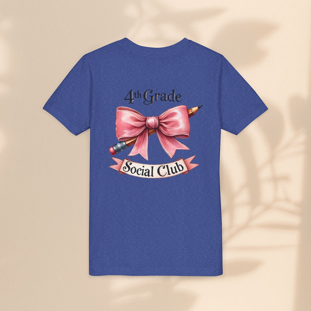 Sea Dragon Dreams youth blue cotton t-shirt featuring a 4th Grade Social Club graphic with a pink bow and pencil.