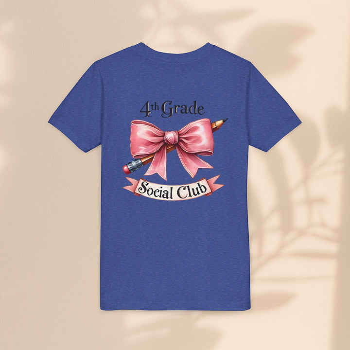 Sea Dragon Dreams youth blue cotton t-shirt featuring a 4th Grade Social Club graphic with a pink bow and pencil.