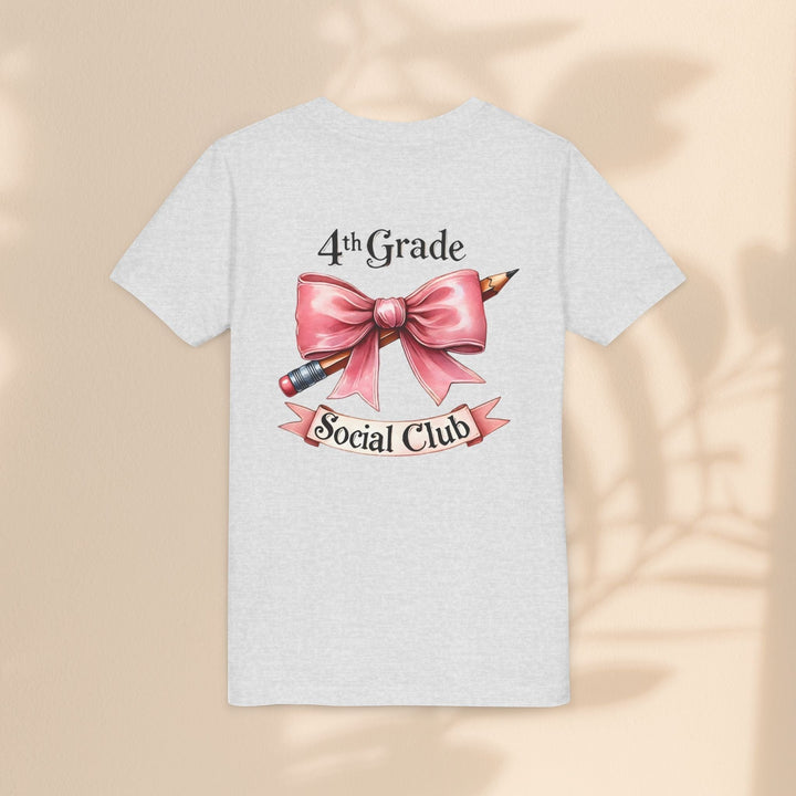 Sea Dragon Dreams youth short sleeve tee in heather grey featuring a 4th Grade Social Club graphic with a pink bow.