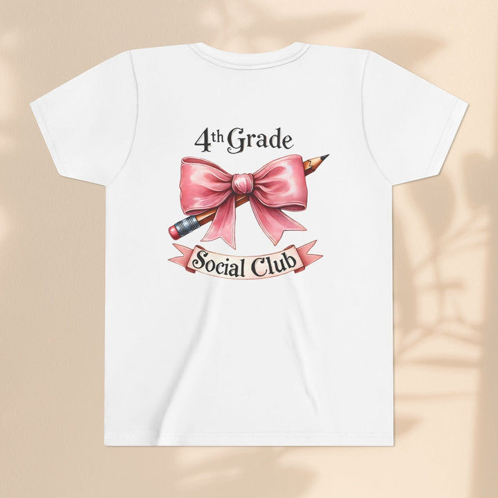 Sea Dragon Dreams white youth short sleeve cotton tee with 4th Grade Social Club pencil and pink bow graphic print