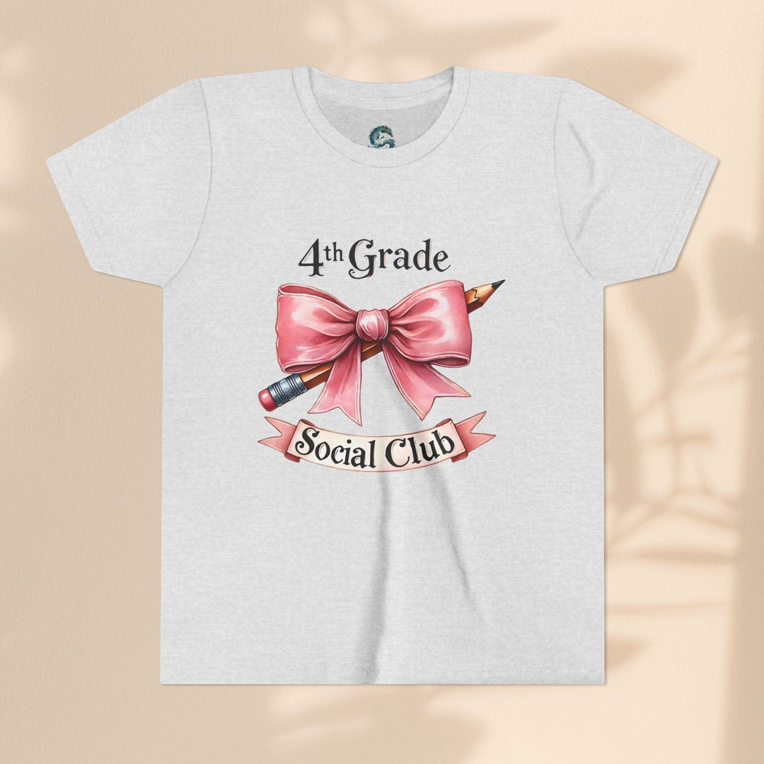 Sea Dragon Dreams youth short sleeve tee in heather grey cotton with a 4th Grade Social Club pencil and bow graphic.