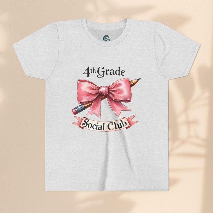 Sea Dragon Dreams youth short sleeve tee in heather grey cotton with a 4th Grade Social Club pencil and bow graphic.