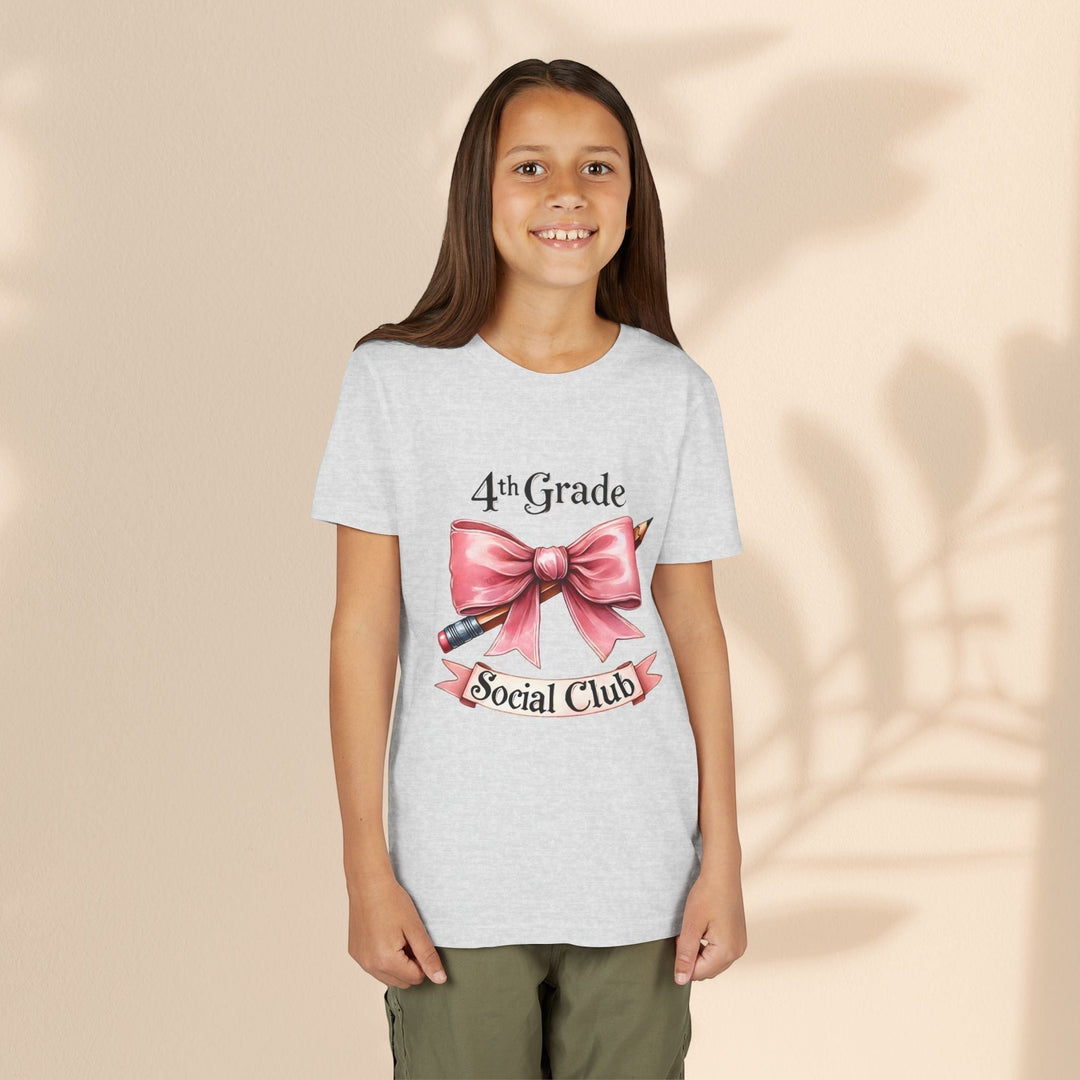 Sea Dragon Dreams youth short sleeve tee in heather grey with a 4th Grade Social Club bow and pencil graphic print.