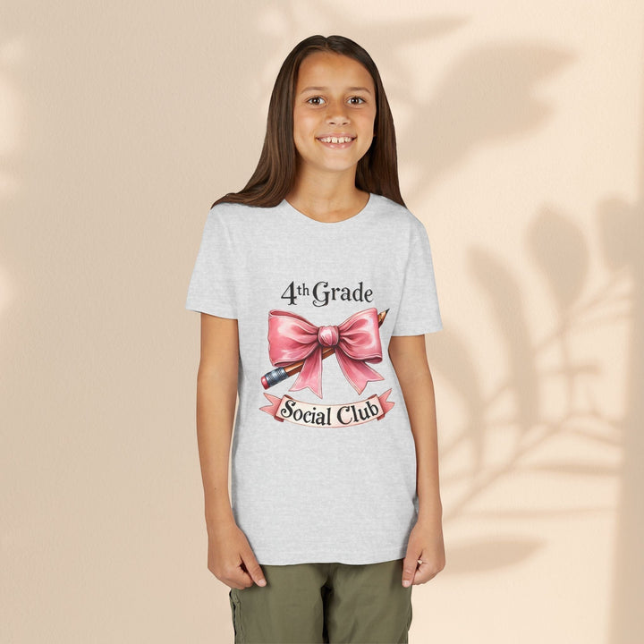 Sea Dragon Dreams youth short sleeve tee in heather grey with a 4th Grade Social Club bow and pencil graphic print.