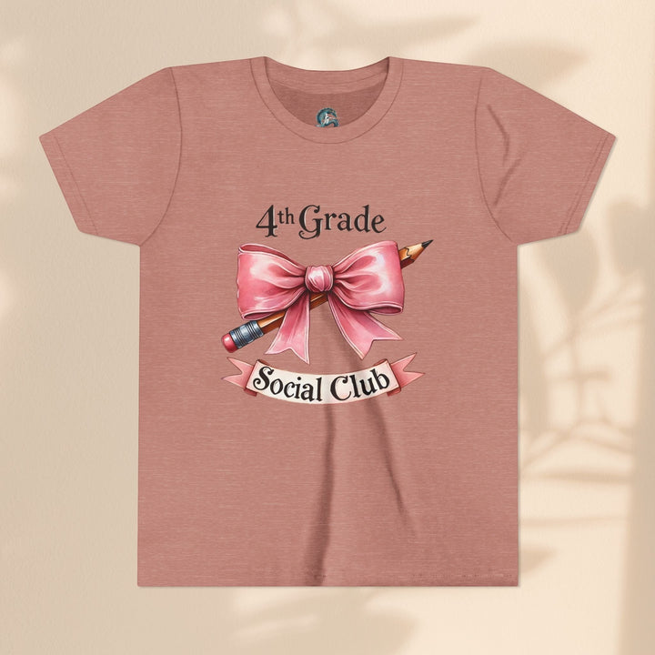 Sea Dragon Dreams youth short sleeve tee in mauve with a 4th Grade Social Club graphic featuring a pencil and pink bow.