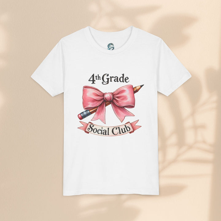 Sea Dragon Dreams white youth short sleeve cotton tee featuring a 4th Grade Social Club graphic with a pink bow and pencil.
