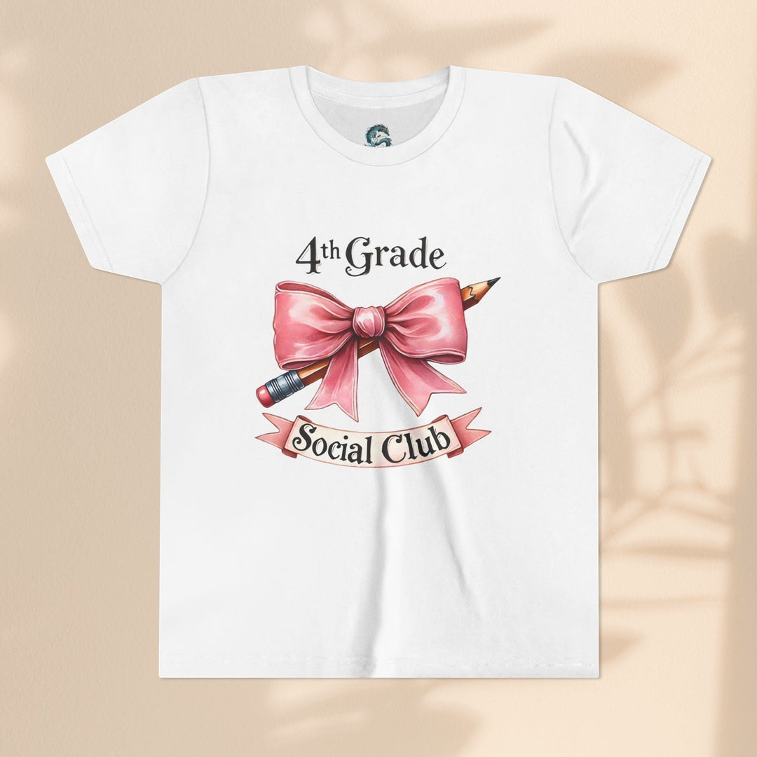 Sea Dragon Dreams white youth cotton t-shirt with a 4th Grade Social Club graphic featuring a pink bow and pencil.