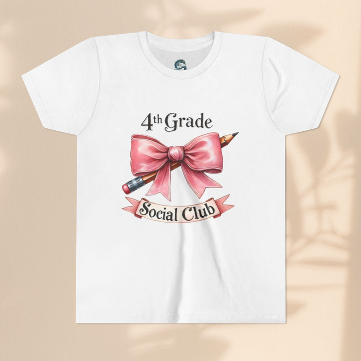 Sea Dragon Dreams white youth cotton t-shirt with a 4th Grade Social Club graphic featuring a pink bow and pencil.
