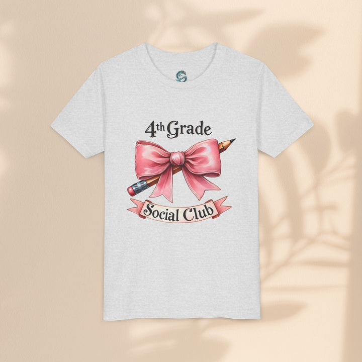 Sea Dragon Dreams youth tee in heather grey cotton with a 4th Grade Social Club graphic featuring a pink bow and pencil.