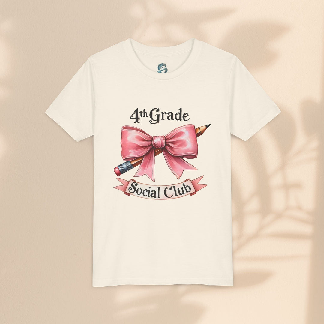 Sea Dragon Dreams youth short sleeve cotton tee in cream with a 4th Grade Social Club pencil and pink bow graphic.