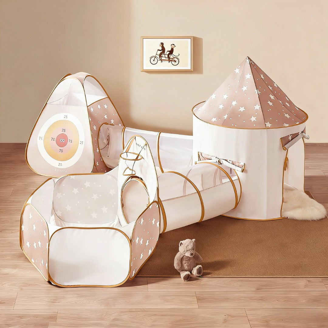 Sea Dragon Dreams Tiny Land 5-in-1 play tunnel and tent set in soft beige with star patterns on a wooden floor.