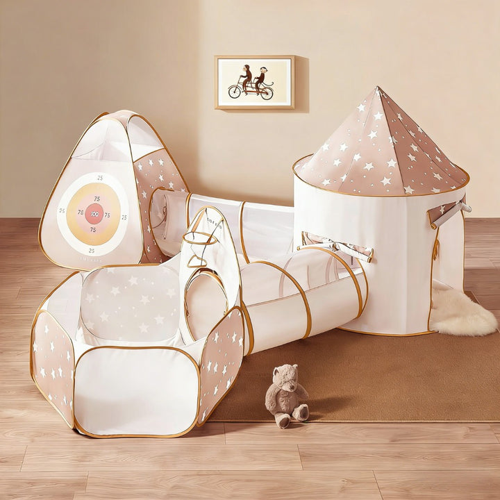 Sea Dragon Dreams Tiny Land 5-in-1 play tunnel and tent set in soft beige with star patterns on a wooden floor.
