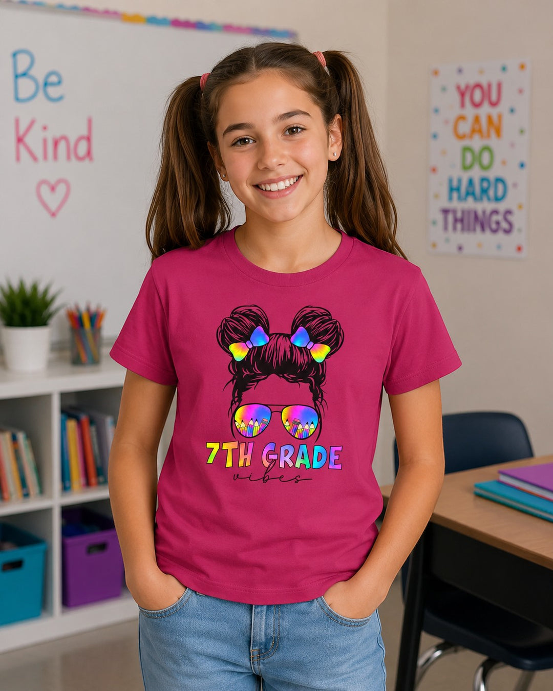 Sea Dragon Dreams youth t-shirt in fuchsia with a 7th Grade Vibes graphic featuring a girl with rainbow sunglasses.