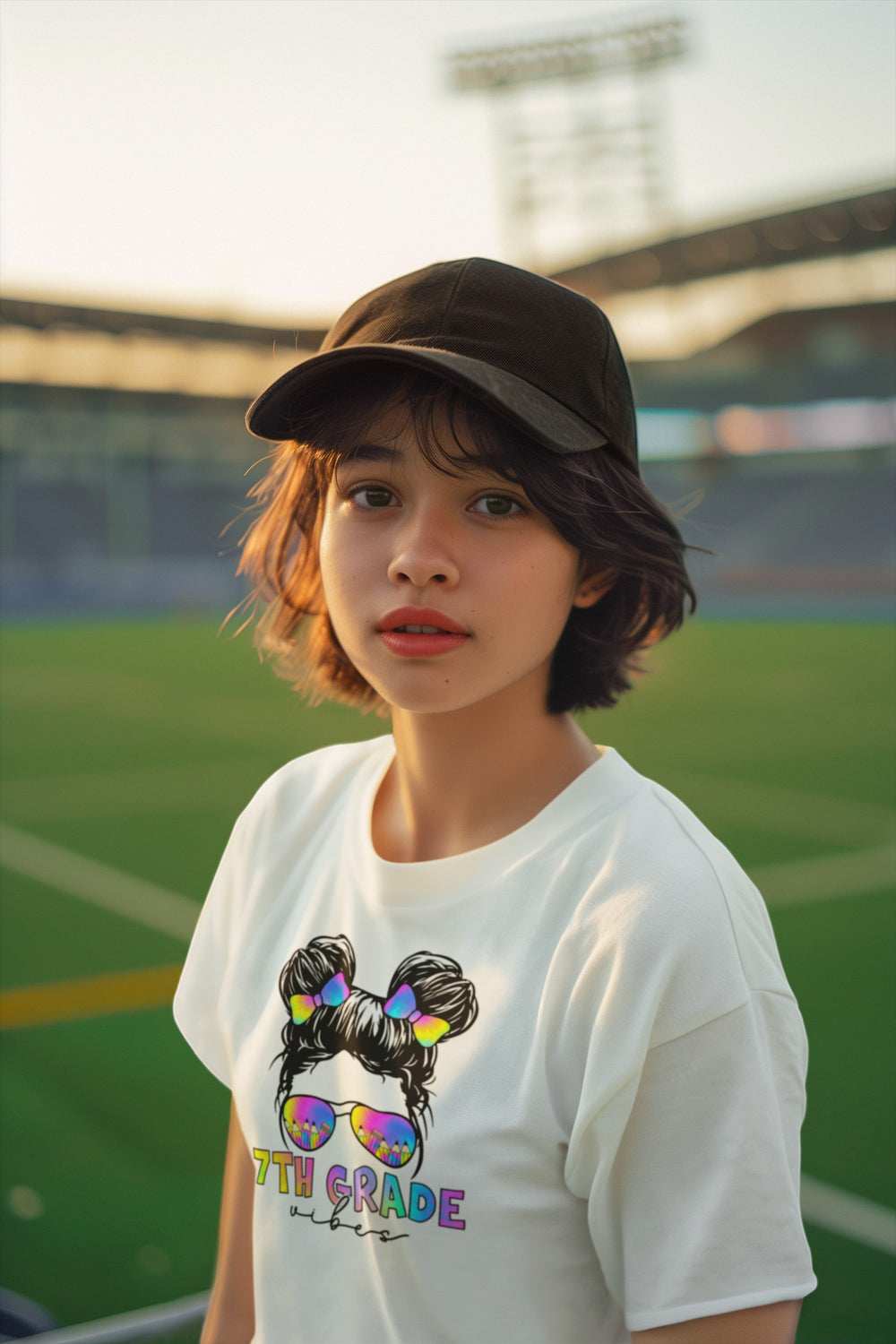 Sea Dragon Dreams youth wearing a white 7th Grade Vibes graphic tee and a dark cap on a sunny sports field.