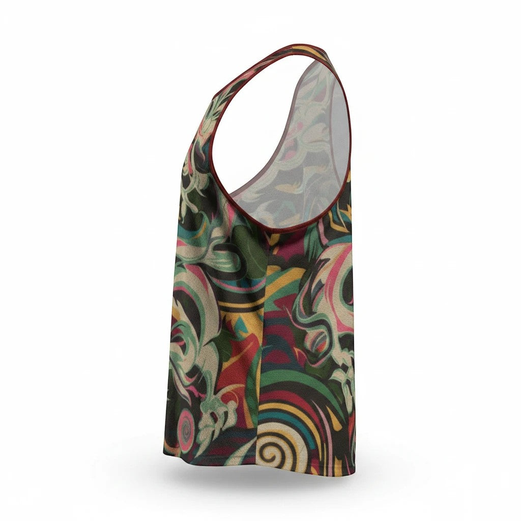 Sea Dragon Dreams men's slim Y-back muscle tank top in a multi-colored abstract pattern, side view.