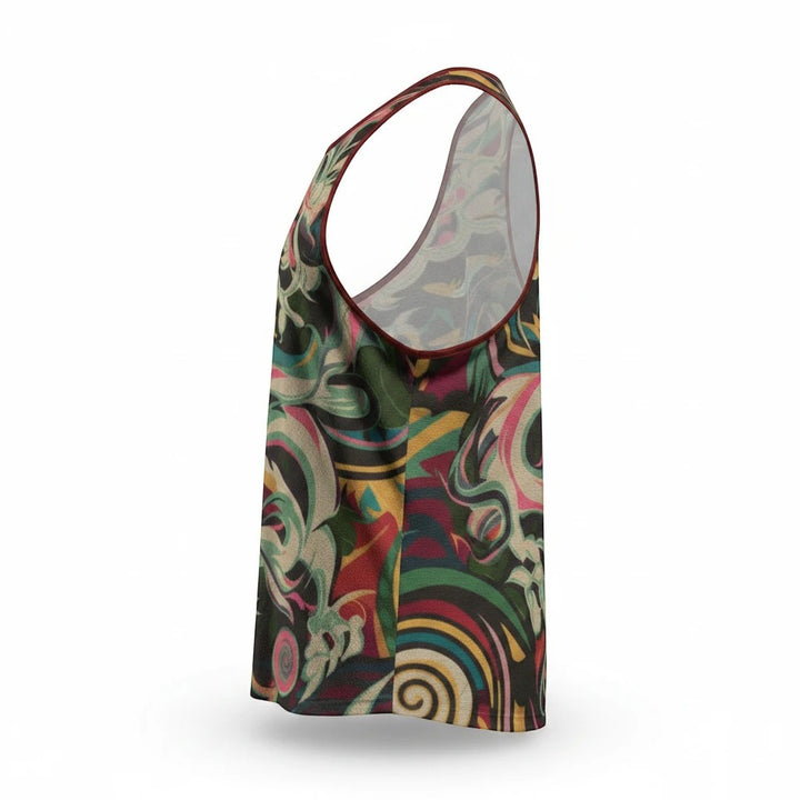 Sea Dragon Dreams men's slim Y-back muscle tank top in a multi-colored abstract pattern, side view.