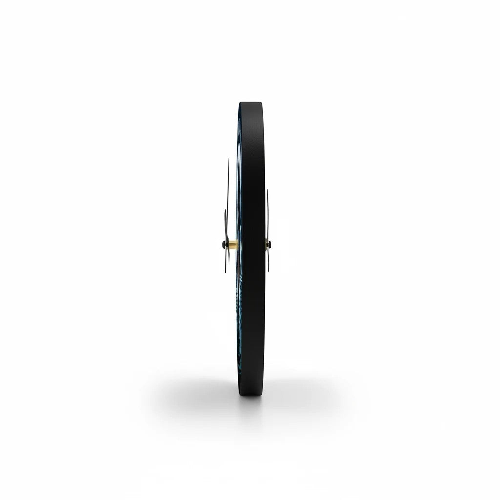 Side view of a Sea Dragon Dreams round acrylic wall clock showing the slim black profile and clock hands.