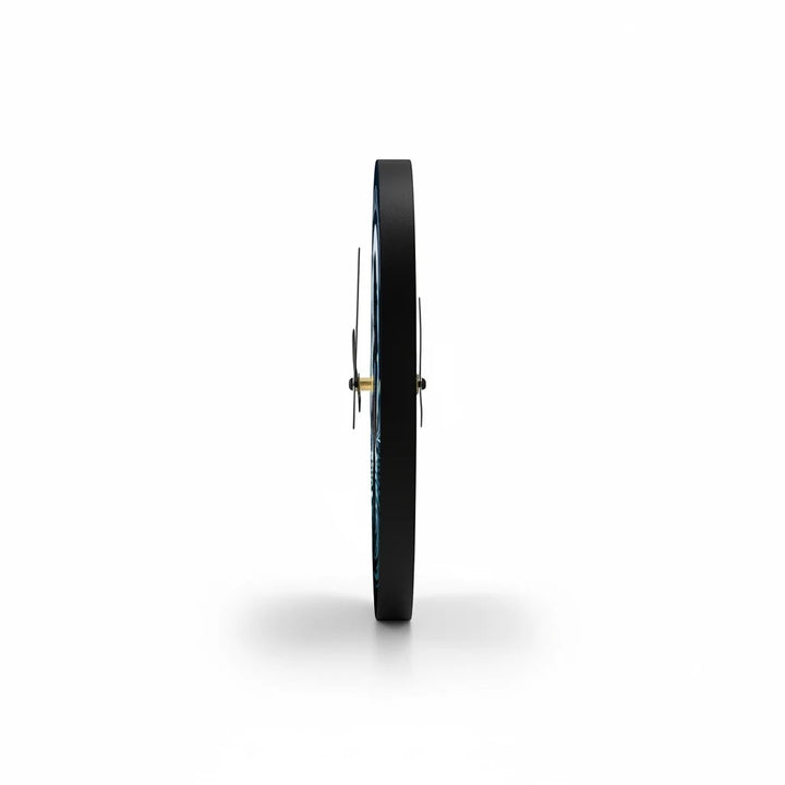 Side view of a Sea Dragon Dreams round acrylic wall clock showing the slim black profile and clock hands.