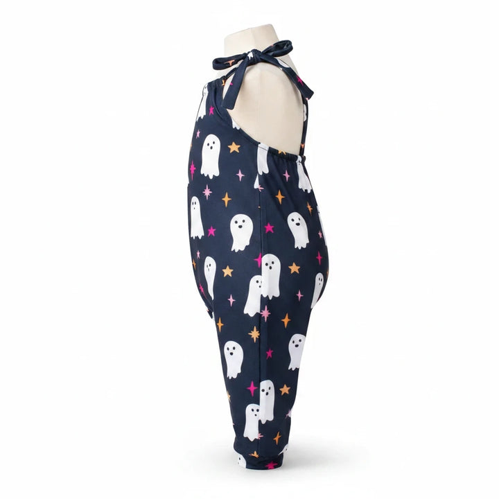 Sea Dragon Dreams Addison jumpsuit in black with white ghost and colorful sparkle print and adjustable tie straps