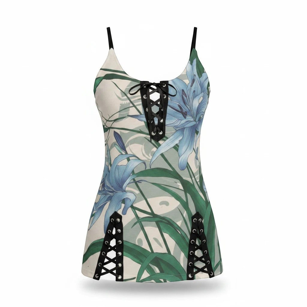 Sea Dragon Dreams African Lily cami dress with blue floral print, lace-up v-neck, and black drawstring side details.