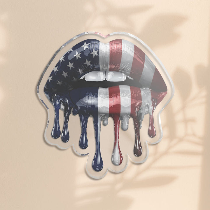 Sea Dragon Dreams freestanding acrylic statue featuring glossy lips with a dripping American flag design.
