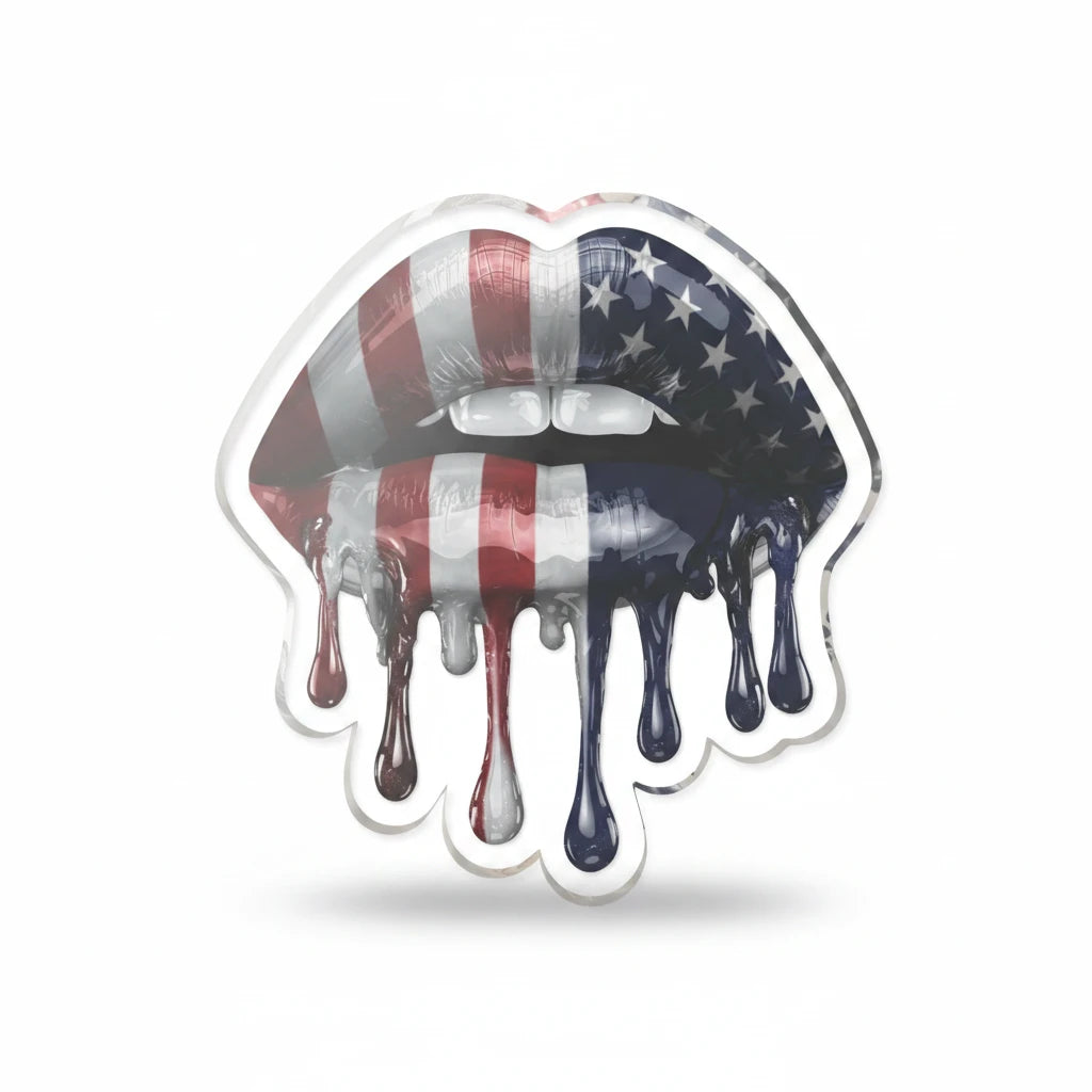 Sea Dragon Dreams freestanding acrylic lips statue with a glossy dripping American flag design for modern decor.