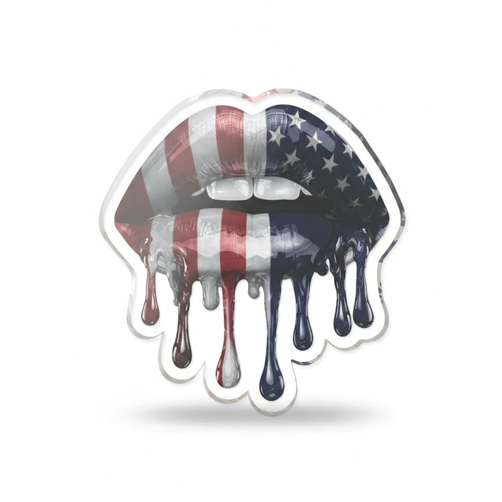 Sea Dragon Dreams freestanding acrylic lips statue with a glossy dripping American flag design for modern decor.