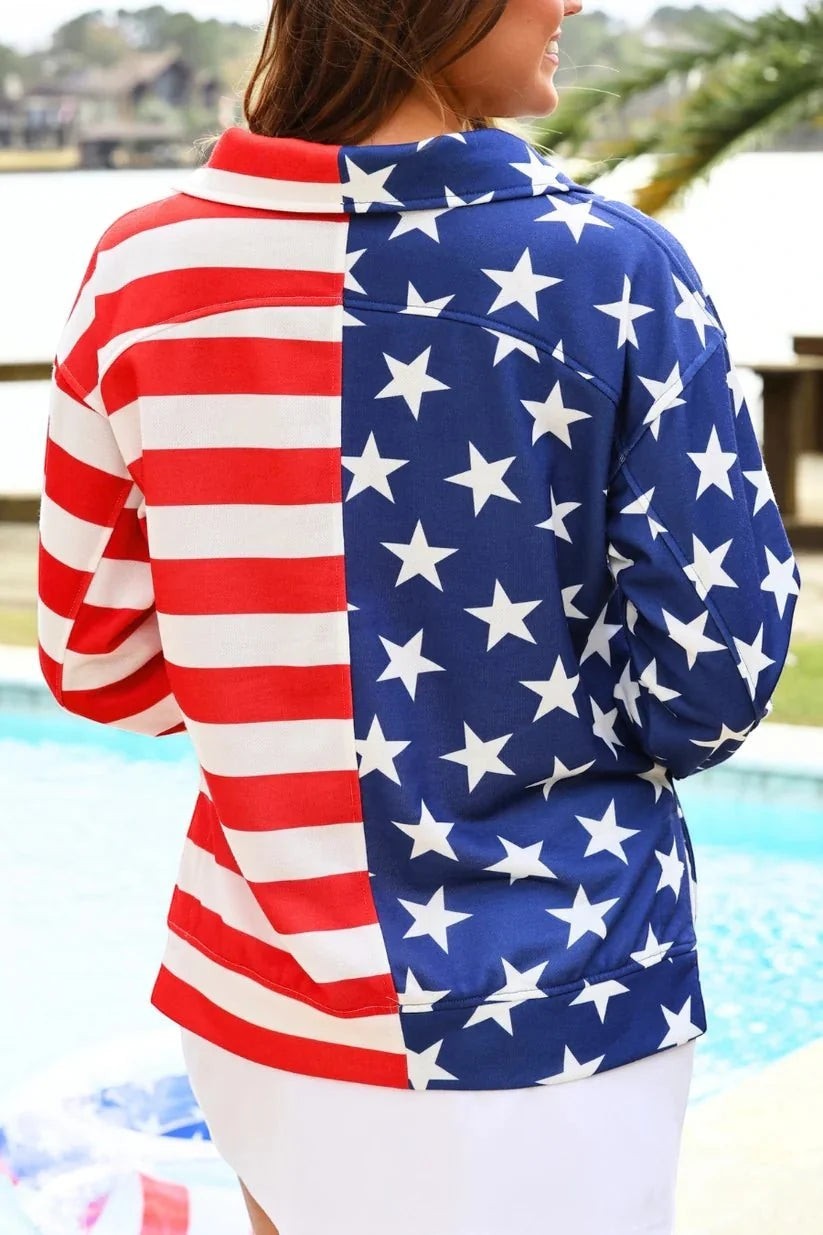 Sea Dragon Dreams women's patriotic quarter-zip pullover featuring an American flag stars and stripes print back view