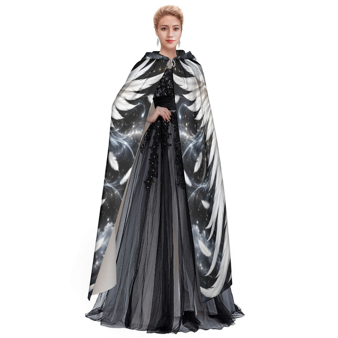 Sea Dragon Dreams unisex hooded cloak featuring a celestial black and white angel wing print for cosplay and fantasy