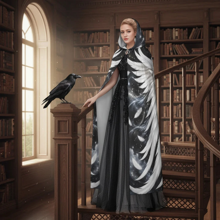 Sea Dragon Dreams unisex hooded cloak featuring white angel wings on a black background, worn in a library setting.
