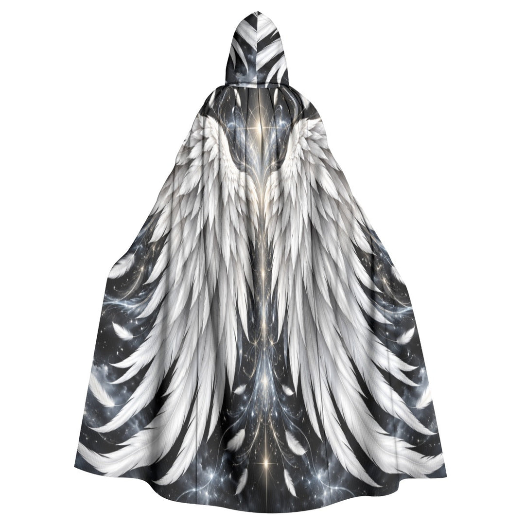 Sea Dragon Dreams unisex hooded cloak featuring a detailed white angel wing print on a dark celestial background.