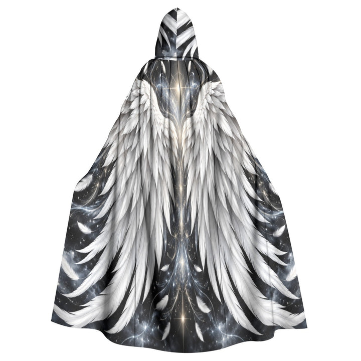 Sea Dragon Dreams unisex hooded cloak featuring a detailed white angel wing print on a dark celestial background.