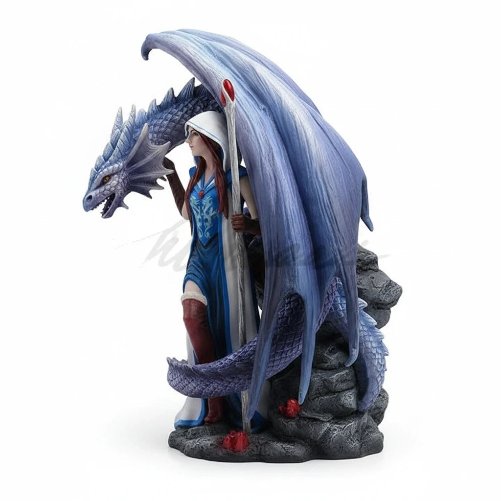 Sea Dragon Dreams Anne Stokes Dragon Mage sorceress figurine with an icy blue dragon companion and magical staff