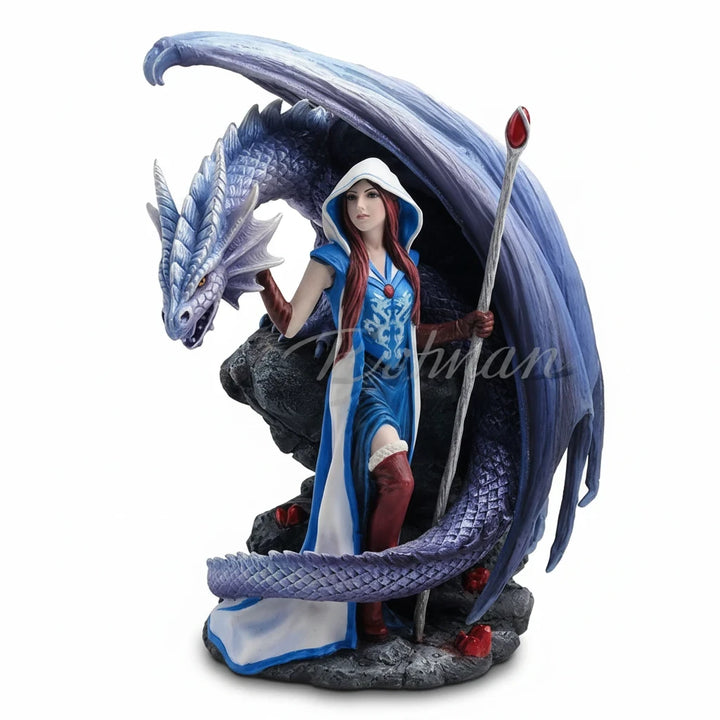 Sea Dragon Dreams Anne Stokes Dragon Mage sorceress figurine with an icy blue dragon and staff in polystone