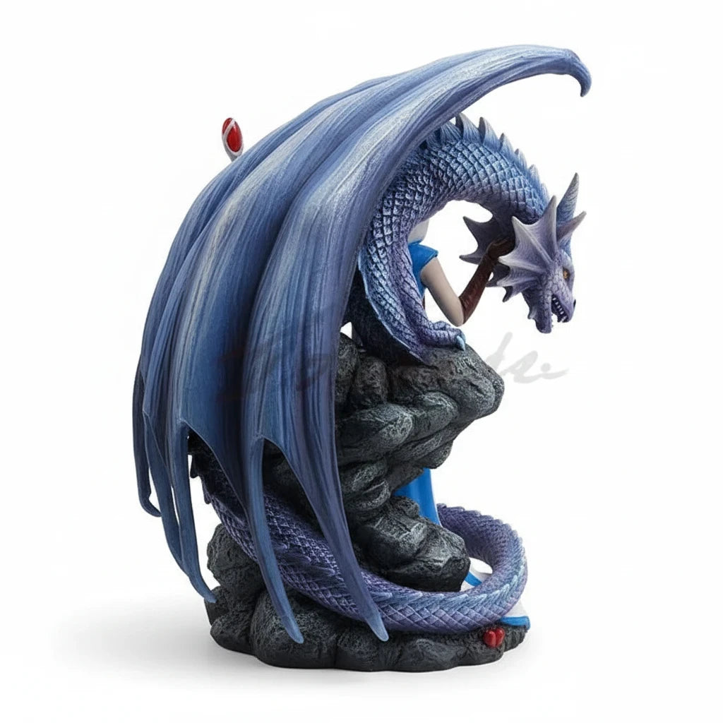 Sea Dragon Dreams Anne Stokes Dragon Mage polystone figurine showing the icy blue dragon and sorceress from the side