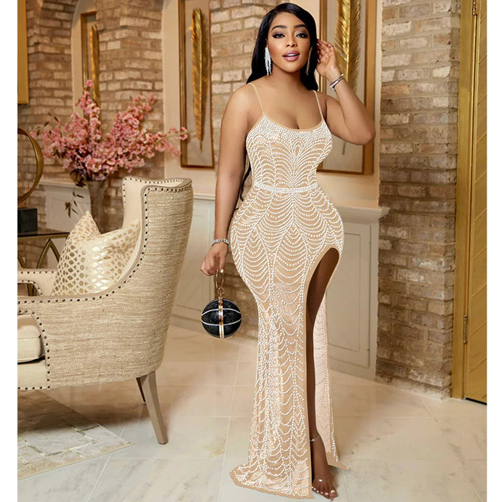 Sea Dragon Dreams apricot mesh party dress with rhinestone embellishments, sleeveless design, and asymmetrical skirt