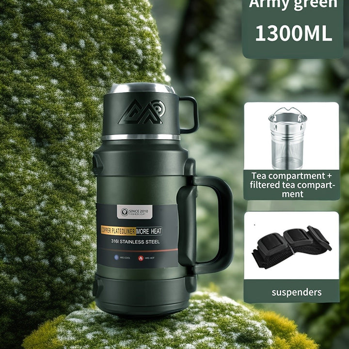 Sea Dragon Dreams army green 1300ml stainless steel insulated water bottle with handle, tea filter, and carry strap.