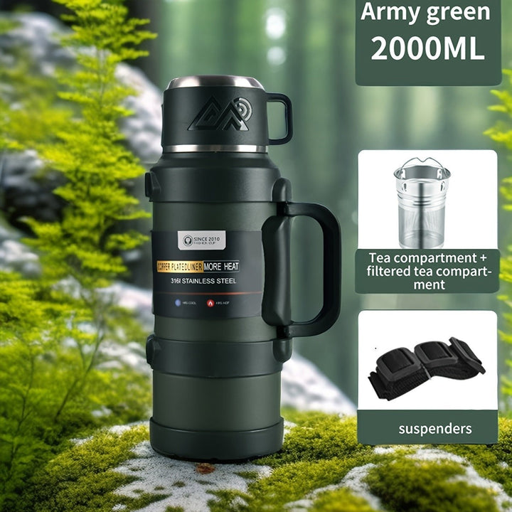 Sea Dragon Dreams army green 2000ml stainless steel insulated water bottle with handle, tea filter, and carry strap.