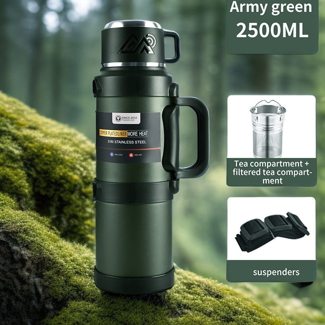 Sea Dragon Dreams army green 2500ml stainless steel insulated thermos with handle, tea filter, and carry strap.