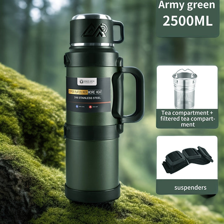 Sea Dragon Dreams army green 2500ml stainless steel insulated thermos with handle, tea filter, and carry strap.