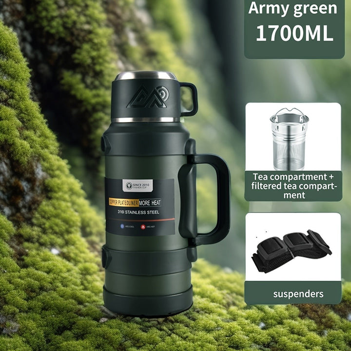 Sea Dragon Dreams army green 1700ml stainless steel insulated thermos bottle with handle, tea filter, and strap.