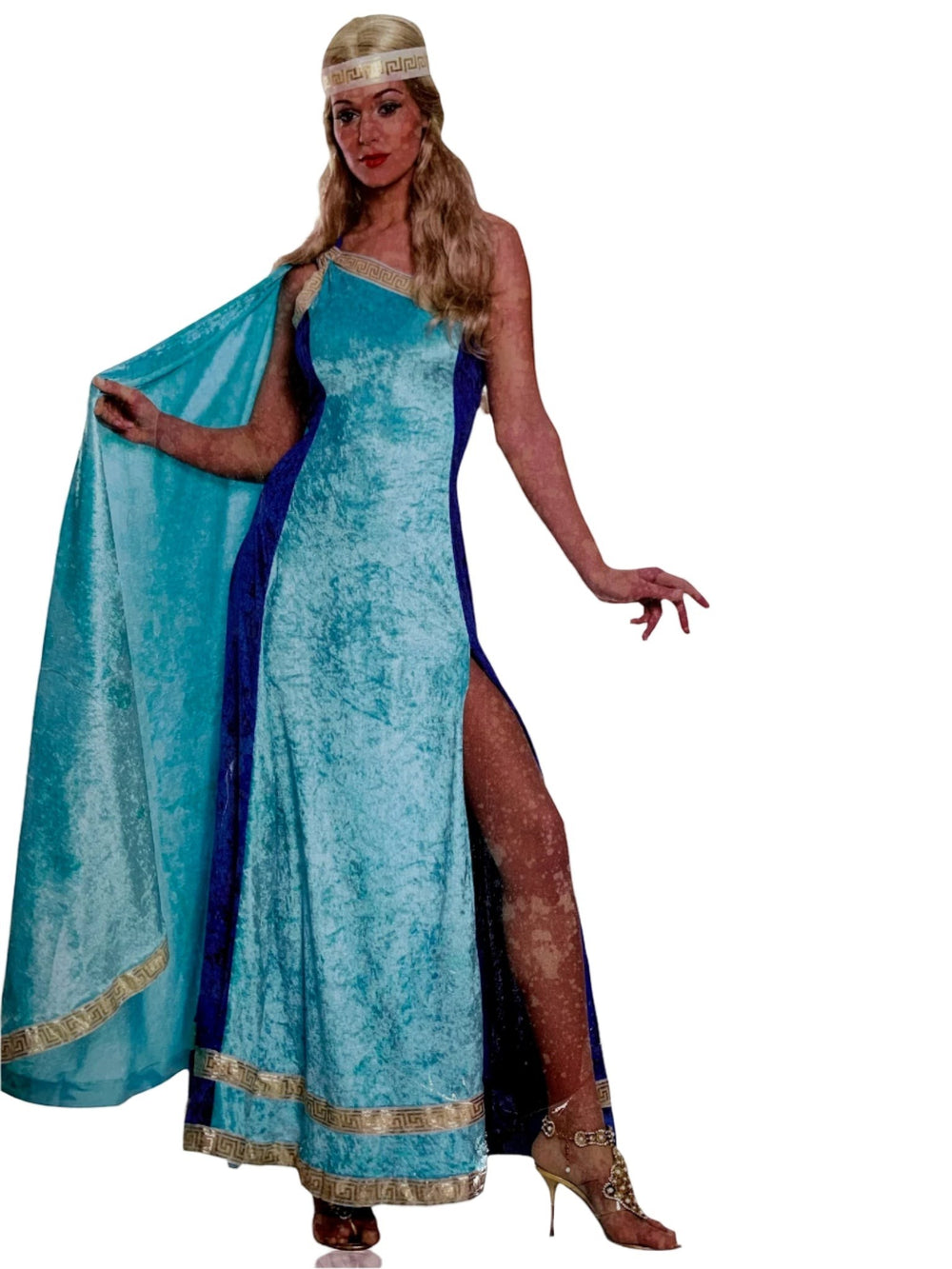 Sea Dragon Dreams Athena goddess costume featuring a blue velvet dress with gold trim, capelet, and matching headband.