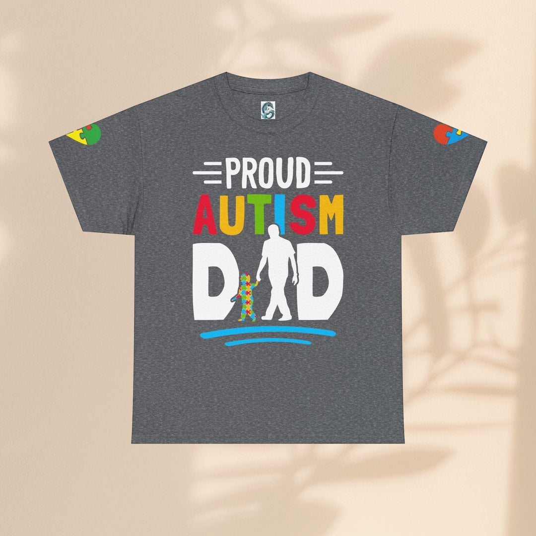 Sea Dragon Dreams grey heavy cotton t-shirt with a colorful Proud Autism Dad graphic and puzzle piece accents.