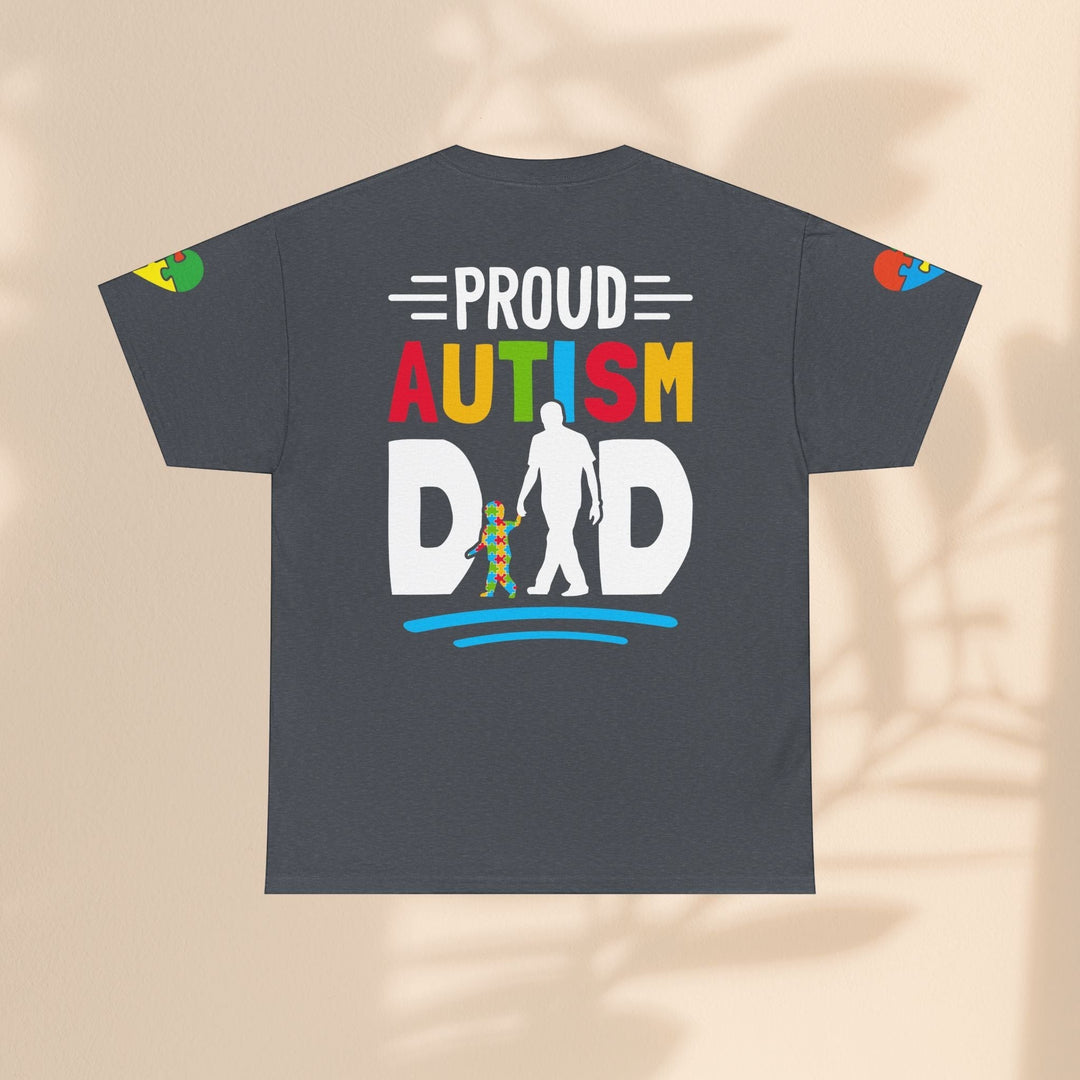 Sea Dragon Dreams unisex heavy cotton t-shirt in dark grey with a colorful Proud Autism Dad graphic on the back.